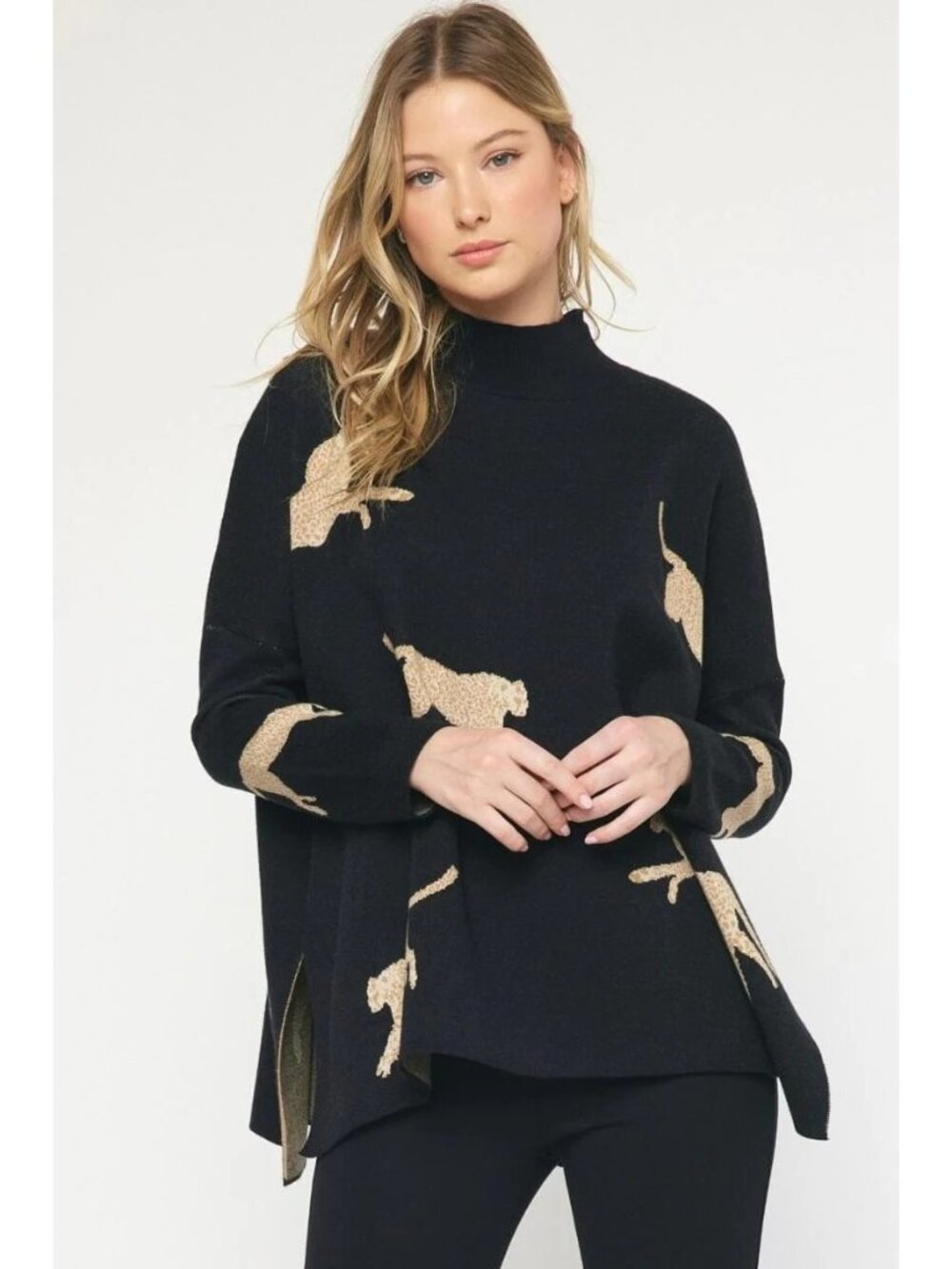 Entro Leopard Mock Neck Pullover Sweater Size Small Long Sleeve Black Tan Knit